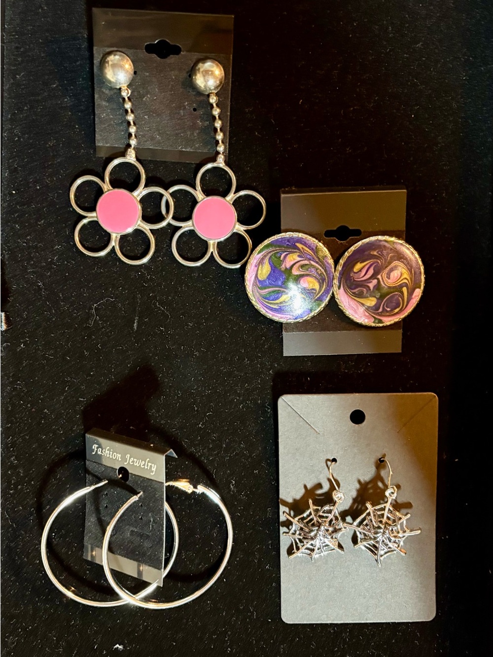 Silver Flower Drop Earrings with Pink Center - Women Jewelry